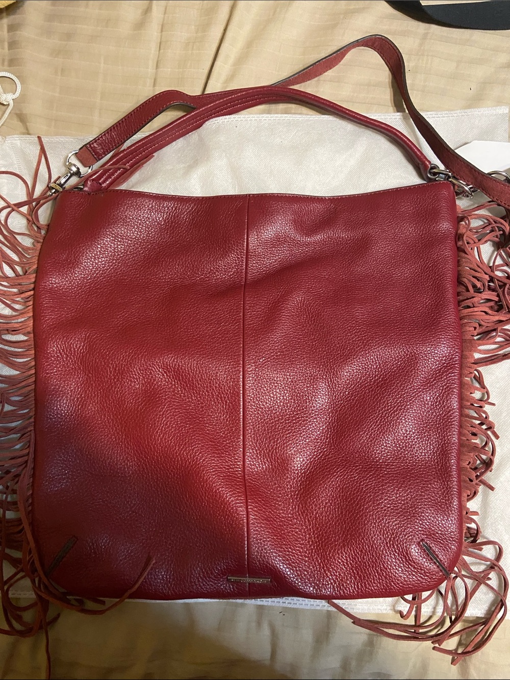 Rebecca Minkoff huge leather/suede convertible tote w/ fringe detail burgundy